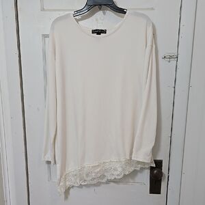 FRENCH LAUNDRY Women's Cream ASYMMETRICAL LACE HEM TOP XL LONG SLEEVE PRETTY